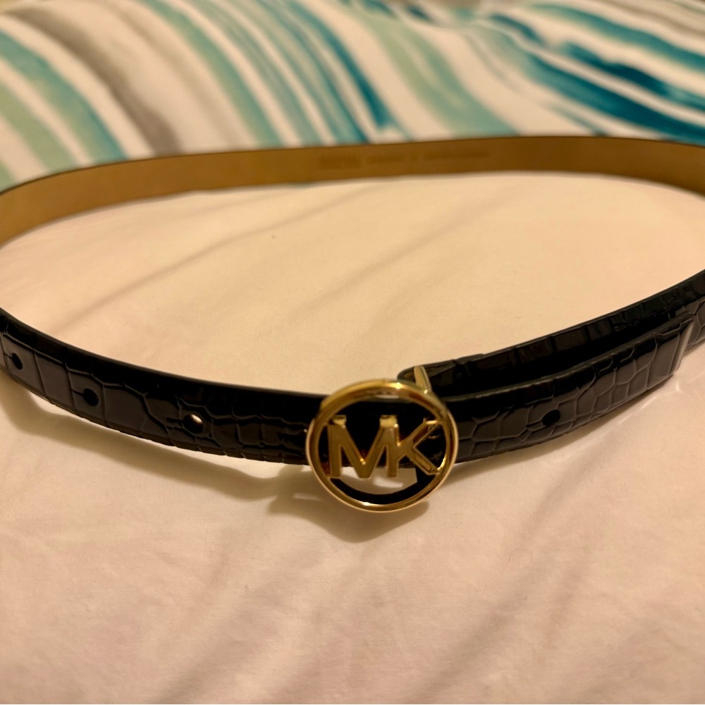 Michael Kors Black Croc-Embossed Belt with Gold Logo Buckle